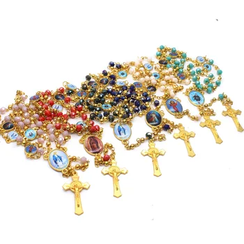Crytal Rosary Necklace Gold Catholicism Gift Religious Prayer Small Beads