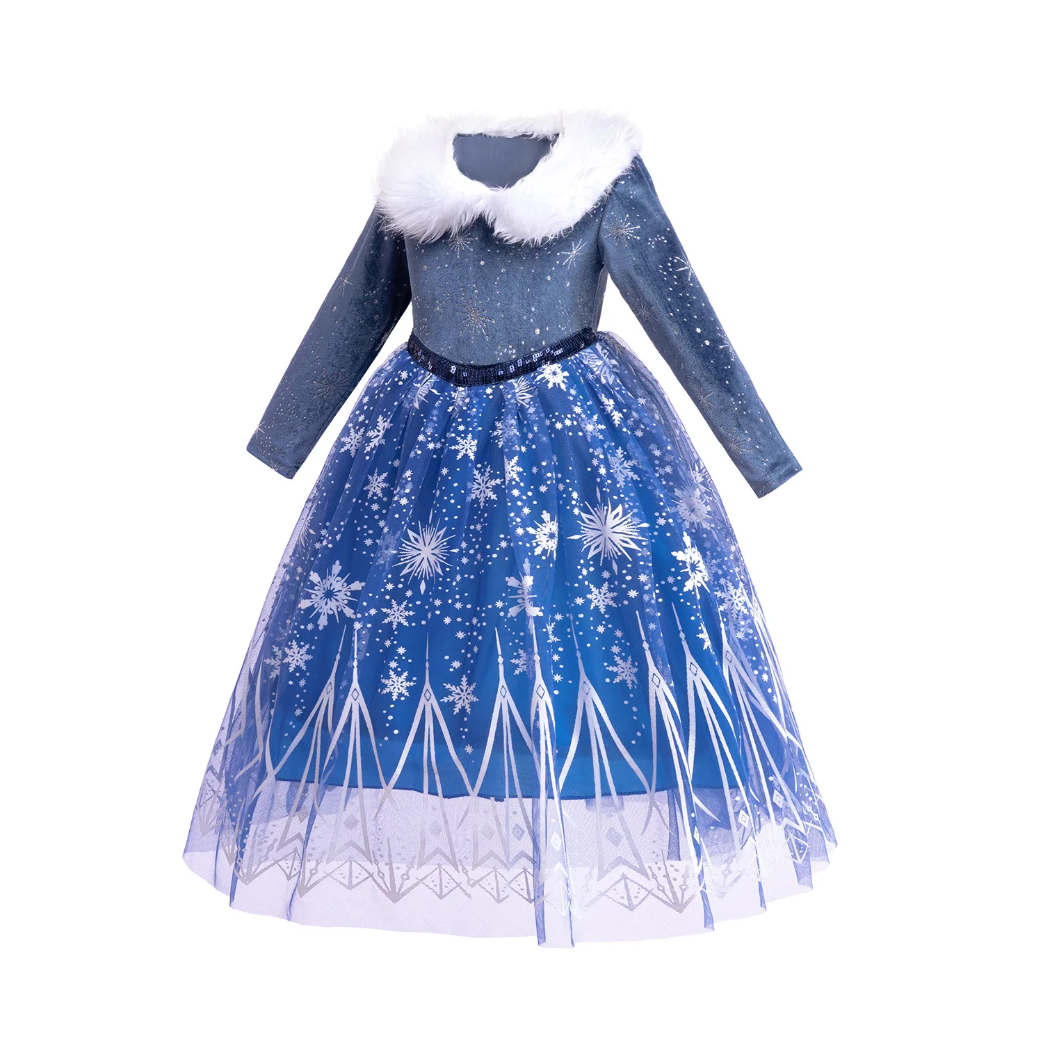 Fashion Children Snow Princess Dress Cosplay Christmas Party Girls Dresses  Dark Blue Long Sleeve Kids Winter Elsa Costume