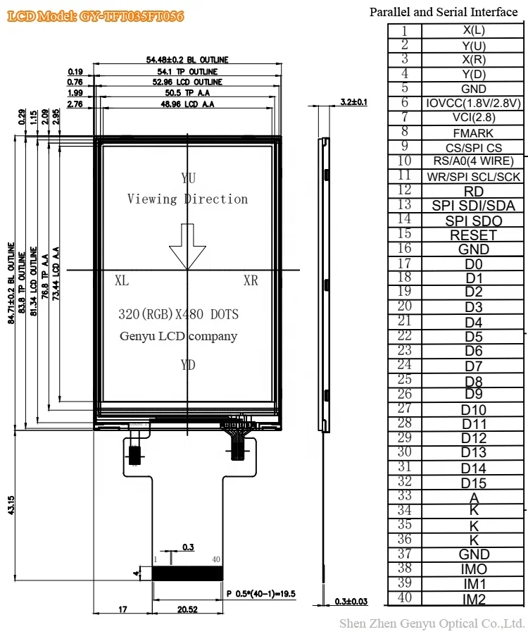 TFT 3,5 Экран Дисплей TN панель 40 PIN SPI 16 Bit ST7796 драйвер 3,5 дюймов TFT LCD 480x320 для термостата