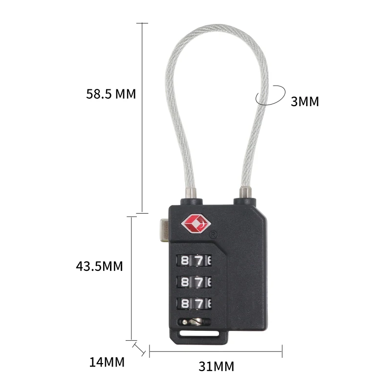 TSA 21100 TSA Cable Wire Password Digital Silver Steel Wire High Grade PC Material Security Luggage Custom Tsa Lock
