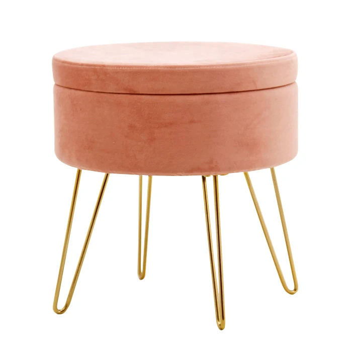HStex Custom Furniture Folding Classic French Round pink Sofa Storage Ottoman Tray Sitting Stools Foldable Stool With Gold Legs