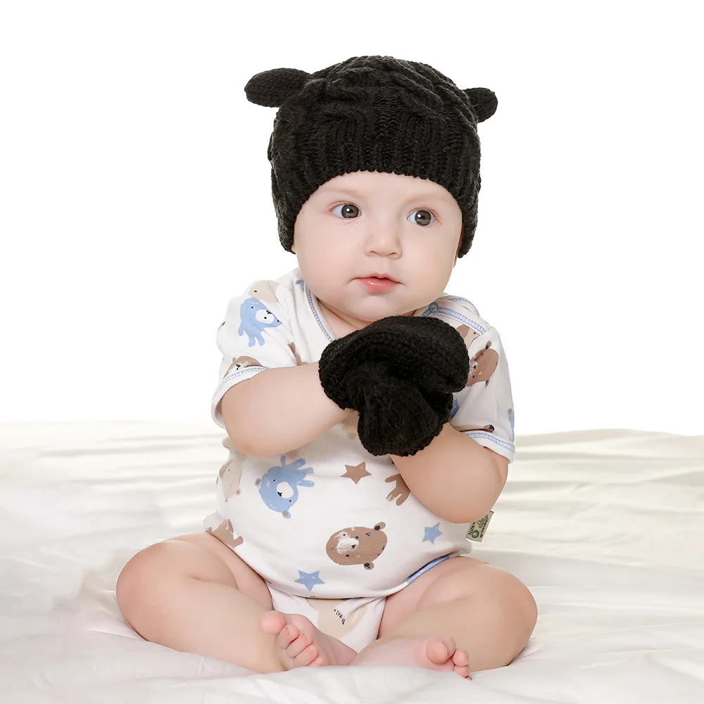 Baby Hat Glove Set Knitted Toddler Cap Infant Winter Beanie Mitten