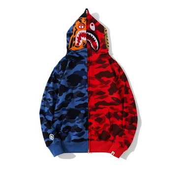 Wholesale new casual men's and women's hoodie Tiger sewn decoration matching color hooded embroidery cardigan shark hoodie coat