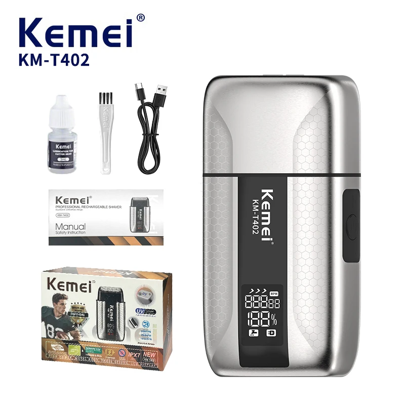 Rasoir électrique KEMEI KM-T402 pour hommes, batterie lithium de 1400 mAh et 5 W, portable, fonction de nettoyage UV, lame en acier robuste, étanchéité IPX7.