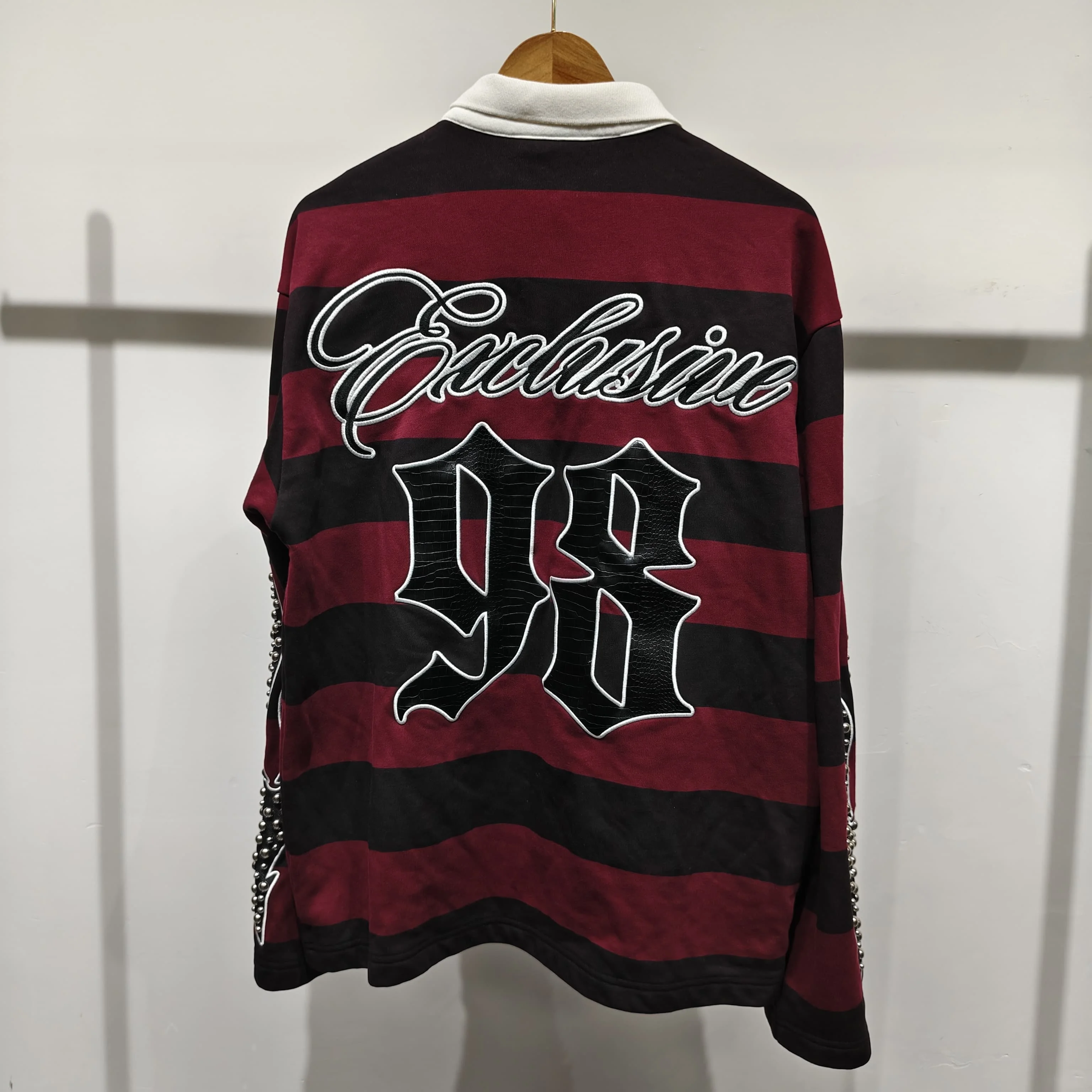 Oem Men's Long Sleeve Oversize Rugby Polo Shirts Button Collar Striped Cotton Knitted Rhinestone Embroidered DTG Shirt for Men gallery 2