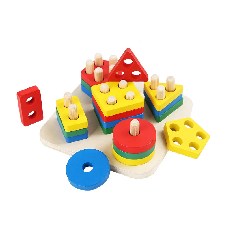 Kids Wooden Blocks Learning Educational Toy Geometric Shape Matching Building Block Toys Columns Matching Blocks Toy