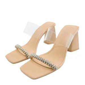 Custom square Rhinestone Transparent Designer Shoes Sandal for Women and Ladies High Heeled Shoes Luxury slippers Femmes Fashion
