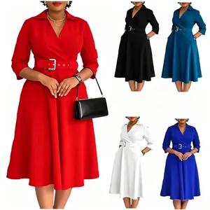 D3290 Trendy Autumn Dresses Women Casual Elegant Lapel V-Neck 3/4 Sleeve Ladies Office Dress for Women Church Dress With Belt