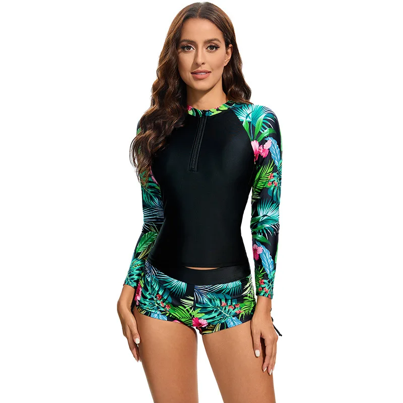 Two Piece Print Rash Guard Long Sleeve Swimsuits Women Plus Size