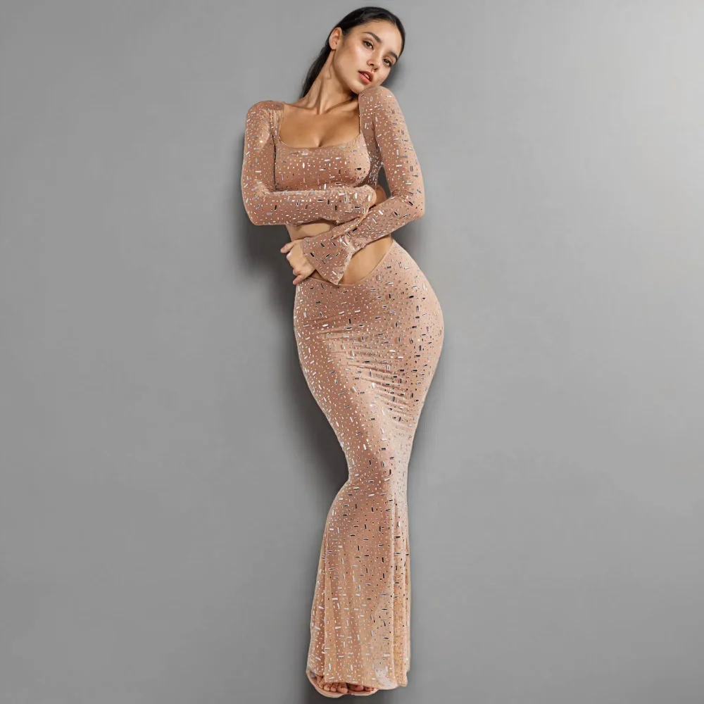 Champagne Sequined Square Neck Long Sleeve Crop Top and Mermaid