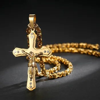 Gold 316L Stainless Steel Christian Jesus Crystal Link Bijoux Chain Fashion Simple Cross Pendant Necklace for Men Jewelry