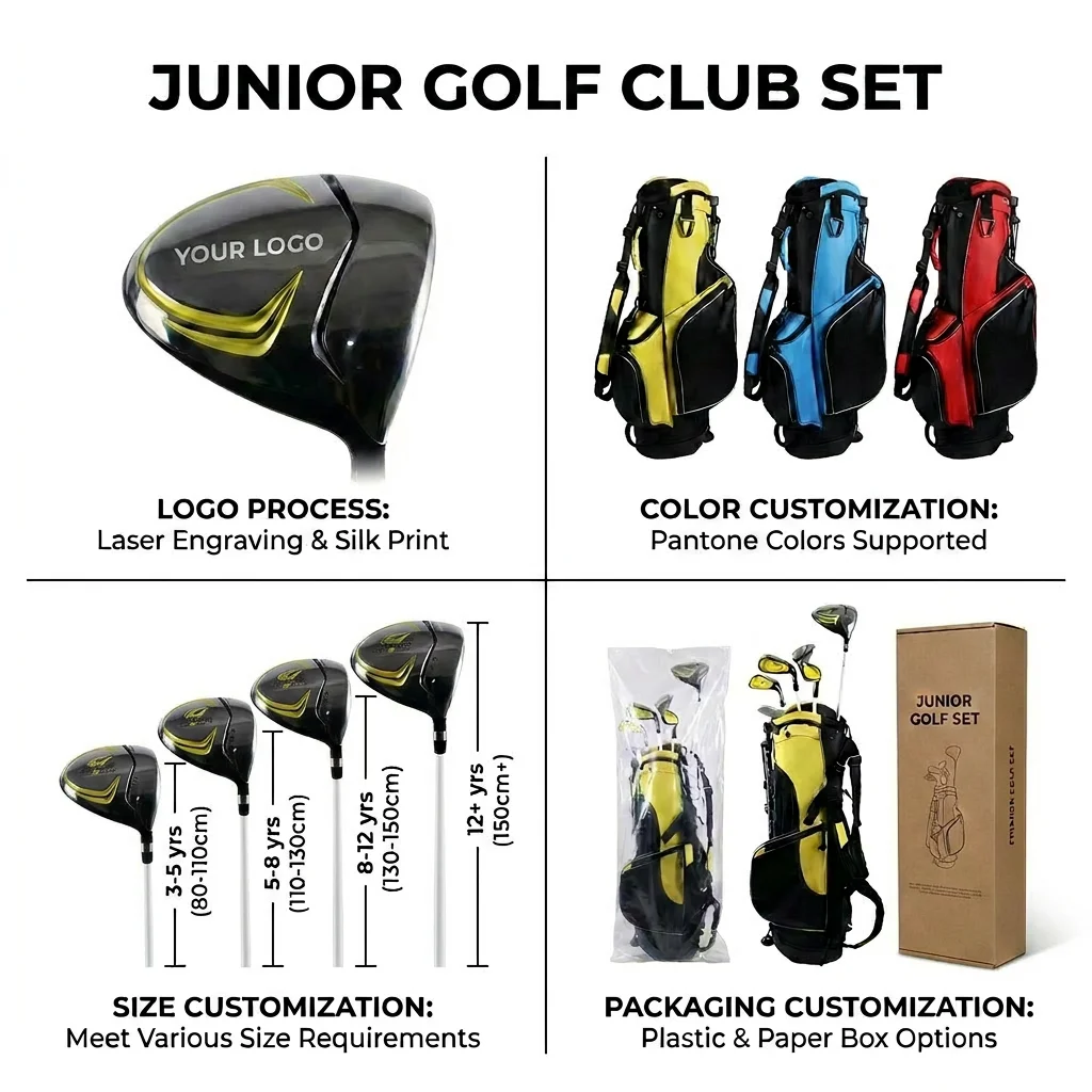 OEM 7-Piece Graphite Shaft Junior Golf Club Set with Zinc Iron for Kids Height 90-110cm and Custom Logo MOQ 100