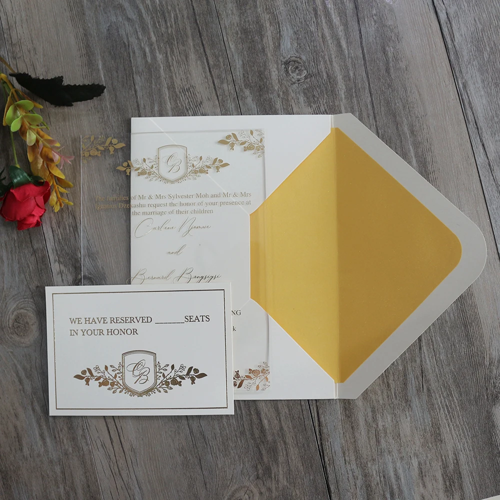 Invitations Thick Gold Plexiglass and Thick Embossed Envelope Wedding