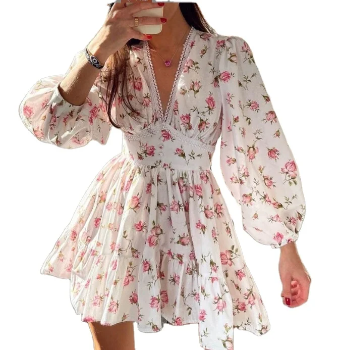 European and American Summer Women's New Style Sweet Printed V-neck Lace  Short Dress