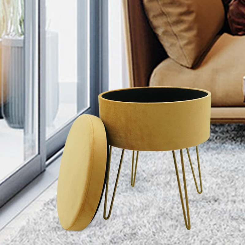 Customized Upholstered Vanity Footstool Dressing Chair Space Saving Round Velvet Footrest Stool Ottoman With Golden Metal Leg