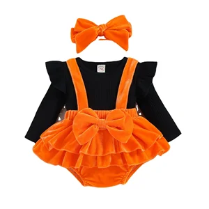 2022 Autumn Winter Newborn Girls Clothing Long Sleeve Pit Strip Top Corduroy Strap Skirt Headband Three Piece Set Baby Wear