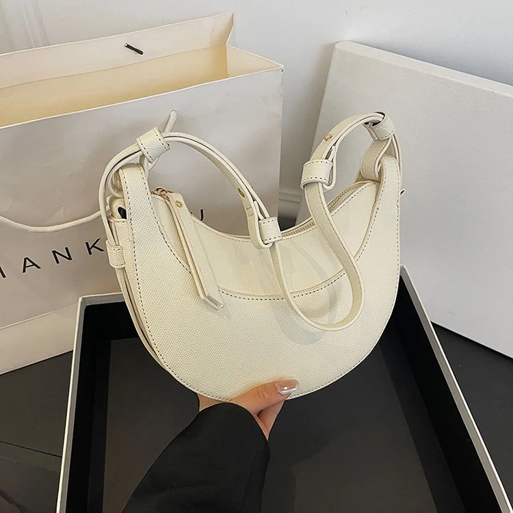 High Quality French Polynesian Style Semi-Circle Saddle Bag Crossbody Shoulder Zip Closure Fashionable Polyester PU Material