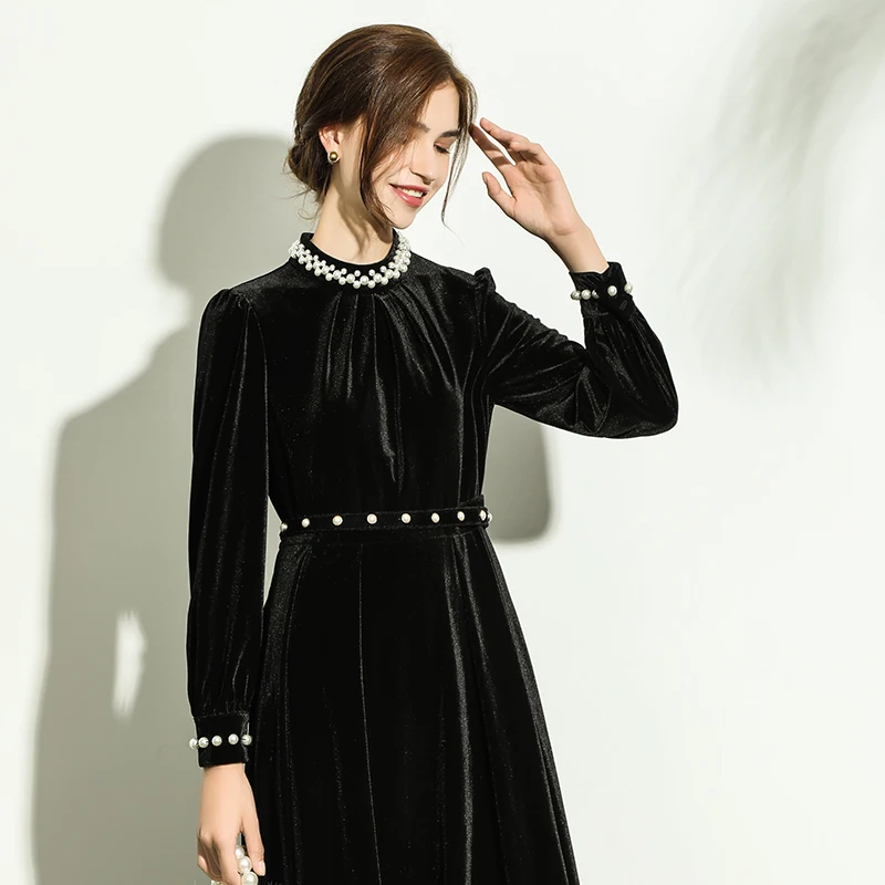 Fall Winter 2022 New Slim High-end Black Dress French Gold Velvet Plus Size Dress