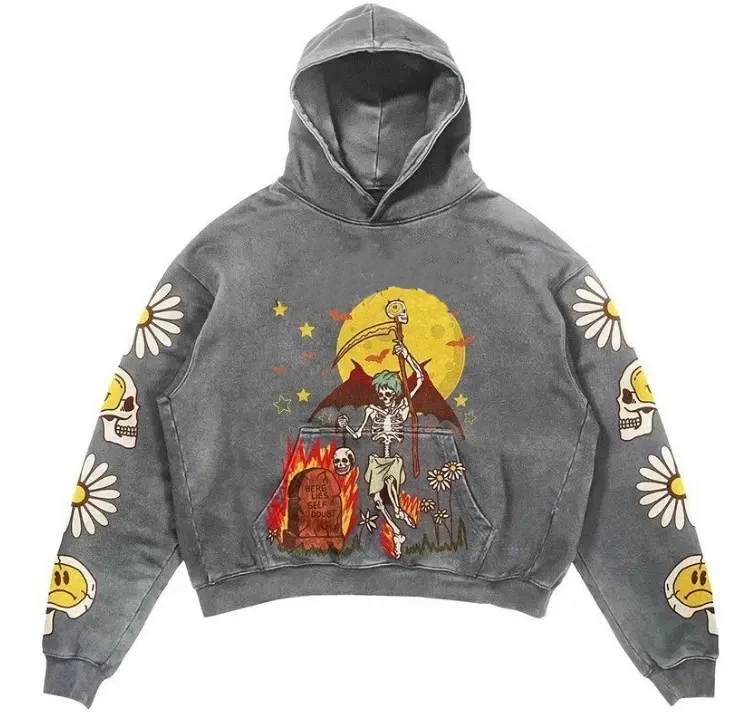 Custom Pullover Hooded Sweatshirts Heavyweight 400GSM Cotton Oversized Graphic Screen Printing Vintage Acid Wash Hoodie for Men gallery 11