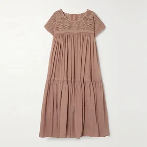 Clothing Manufacturer Custom Spring Summer Brown Crew Neck Short Sleeve Crochet Cotton Women Midi Dress