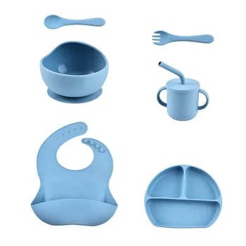 Hot Selling Kids dining Feeding Set Bowl Baby Suction Plate Print Bib Cup Spoon Fork silicone baby feeding set For Children