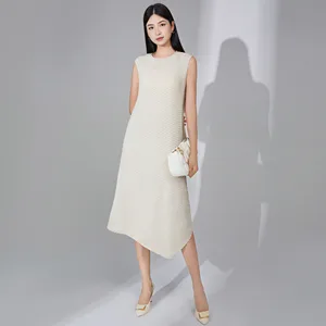 Miyake Pleated Dress Summer Women's Round Neck Sleeveless Solid Color Midi Irregular Casual Dress