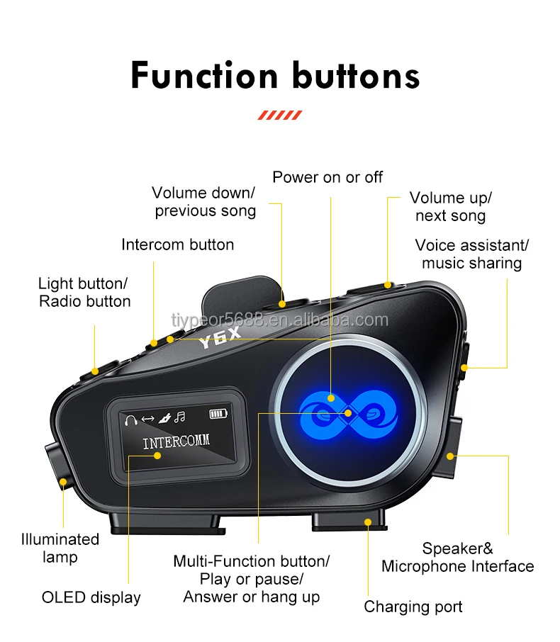 product tiypeor motorcycle bluetooth 51 helmet earphone ipx6 waterproof fm radio flashlight 4 riders intercom 1000m music sharing936-10