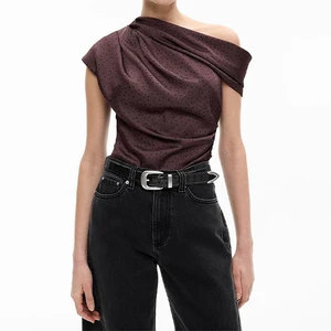 ZYHT 73955 Dot Brown One Shoulder Ruched Pleat Shirt Blouse Tope Formal Modest Lady Women Clothes Low MOQ Factory