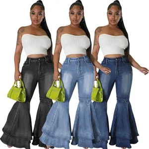 Latest Design Fashion Versatile Denim Jeans Women Wide Leg Wash Denim Elastic Flare Jeans Pants for Women