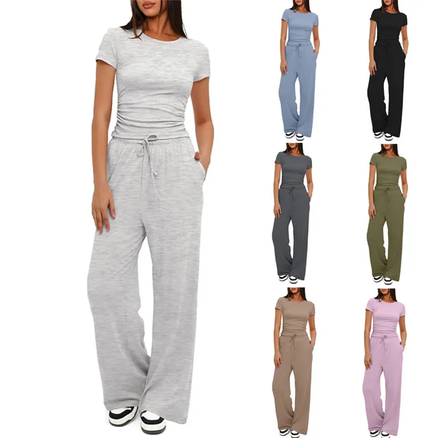 women's summer pleated short sleeve tops shirt and high waist wide leg trousers pant casual suit two piece set sportswear