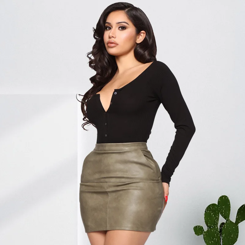 Damochic Autumn Winter 2023 Bodysuit Solid Black Longsleeve Button Up Bodysuit Uneck Basic T