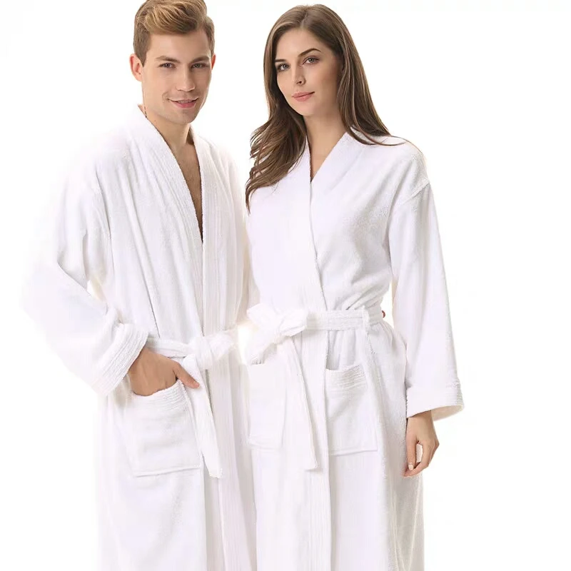 White Kimono Collar Style Terry Cloth Hotel Bathrobe unisex Adults Cotton sleepwear