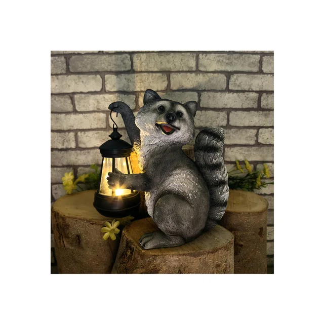 Custom Led Light Statue Garden Solar Powered Raccoon Crafts Statue Resin Decoration wholesale solar garden lights