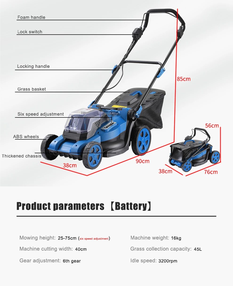 60v Electric Riding Lawn Mower Lithium Operated Cordless Battery Walking Behind Handle 40v Power