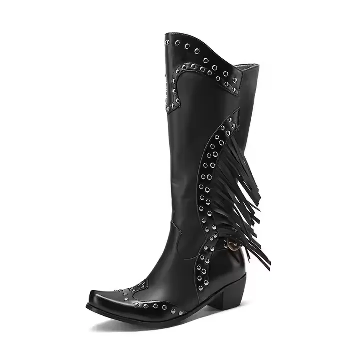 Size 35-45 Vintage Ladies Knee High Wide Calf Boots Western Style Women Fringes Cowboy Boots - Image 1