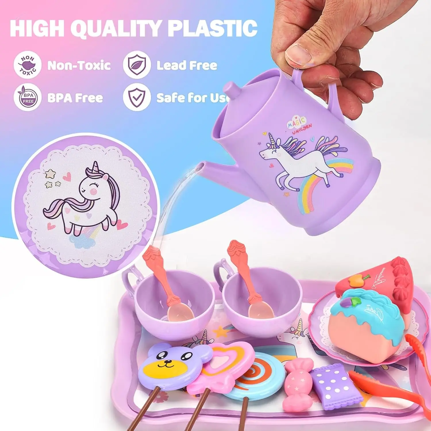 Unicorn Tea Party Set Princess Pretend Play Preschool Plastic Teapot and Cup Set Tea Play Kitchen Toys for Kids