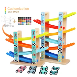 4 Rail Slide Model Wooden Ramp Race Glider Rail Car Toy Multi-layer Glider Wooden Race Track Car Ramp  for Kids