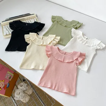 Ins 2024 Summer new baby girl flying sleeve top ruffled collar doll shirt versatile solid color pit thin baby T-shirt