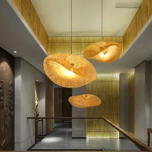 Modern Retro Simple Creative Design Home Woven Bamboo Chandelier Pendant Light Handmade Adjustable Height Home Office Hanging