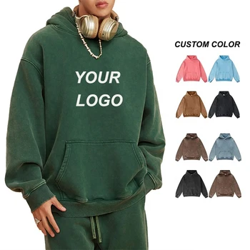 Custom Hoodies Heavyweight Cotton Streetwear Oversize Vintage Acid Washed Hoodies Puff Print Blank Drop Shoulder Hoodie For Men