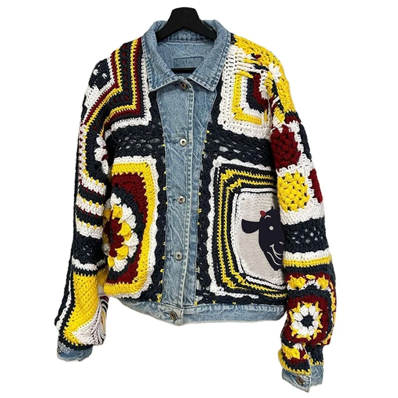 DiZNEW niche personality denim patchwork sweater down jacket smallguangzhou sweater 2024 new cotton jacket jean jacket