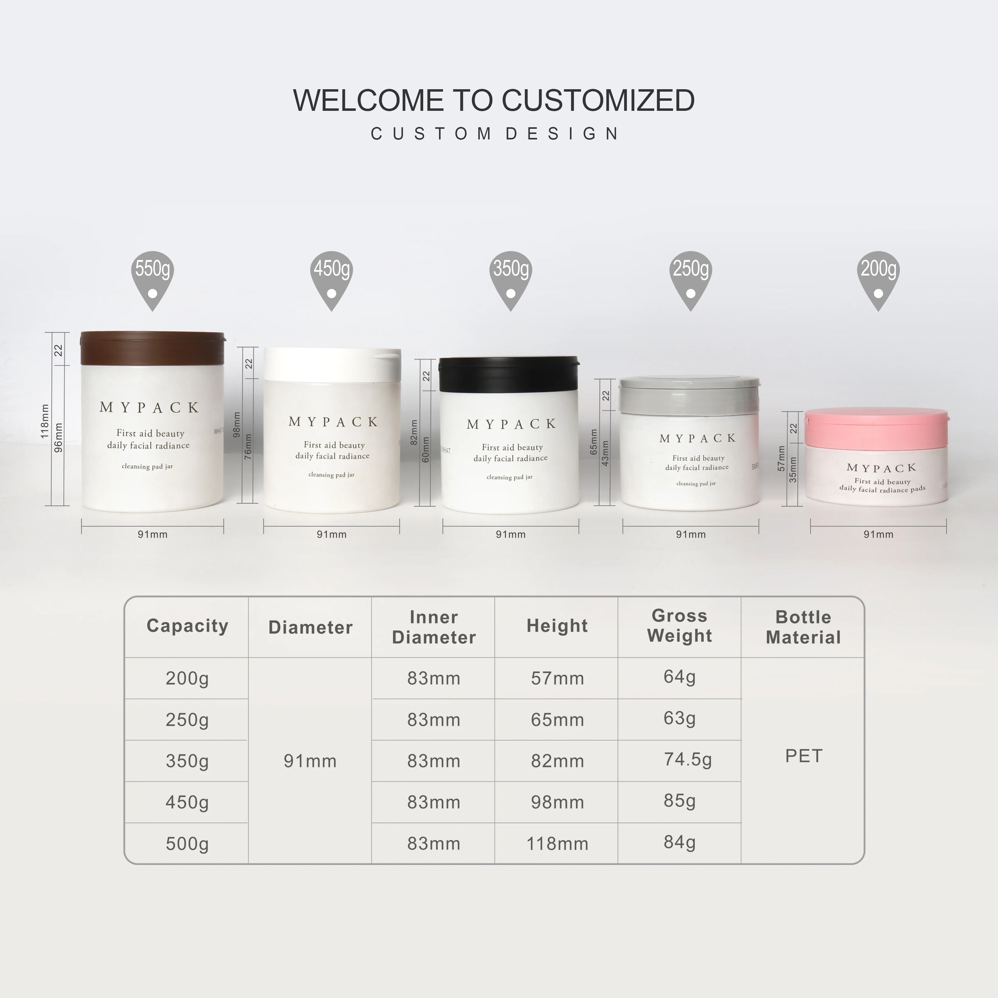 MYPACK Custom 200ml 250ml 350ml 450ml Frosted Matt Plastic Makeup Cleansing Toner Cotton Pads Jar Flip Cap with Tweezer