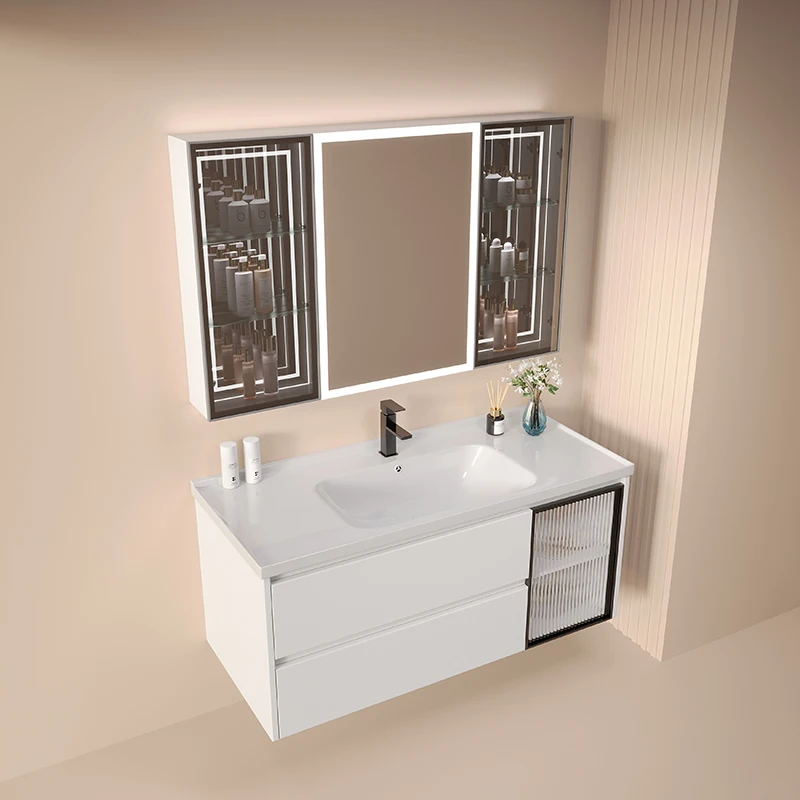 European modern solid wood bathroom cabinet furniture smart mirror wall mounted bathroom vanities