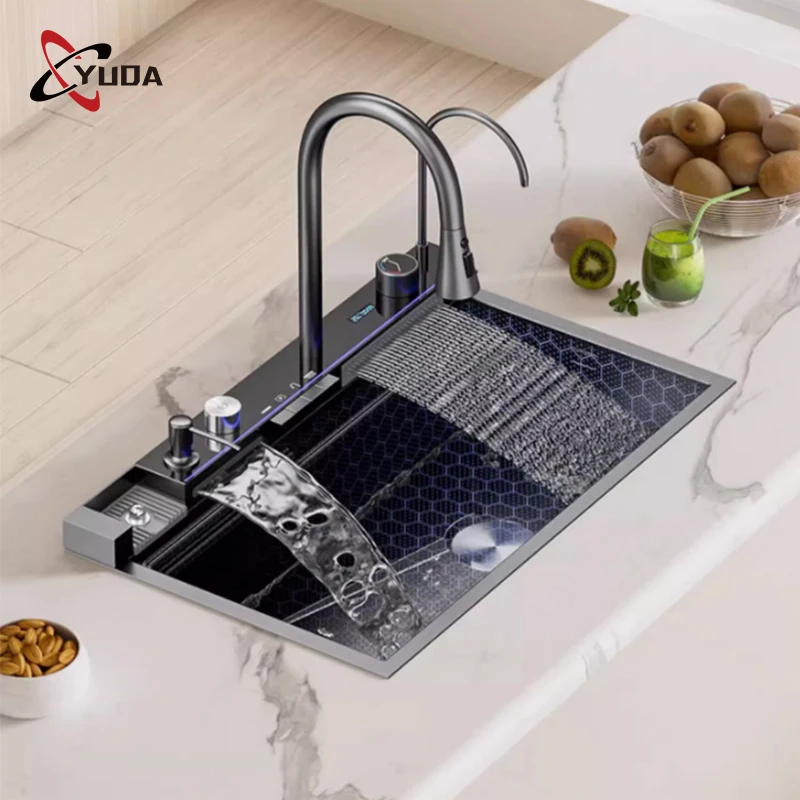 Smart Digital Display Double Kitchen Sink 304 Washing Fruit Vegetable Handmade Kitchen Sink With Cup Washer