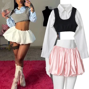 JY Striped t Shirt and Sleeveless Knitted Sweater Vest and Bubble Skirt Casual Elegant 3 Piece Set Women Sexy Outfits