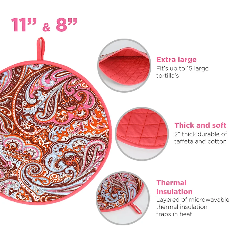 Custom 11 Inch Insulated Tortilla Warmer Fabric Use for Tortillas Naan Pita Pizza Microwave Heat Tortilla Warmer