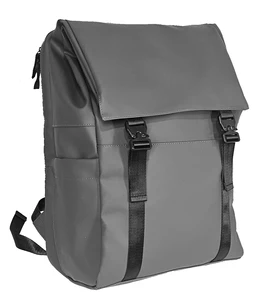 Gray Vinyl Backpack, 2-Buckle Opening, Multi-Pockets (Laptop Compartment + Side Pockets) with Luggage Strap