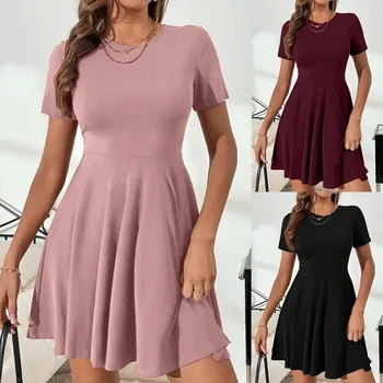 European and American spring and summer new women's dress solid color stitching fashion round neck short sleeve ladies dress