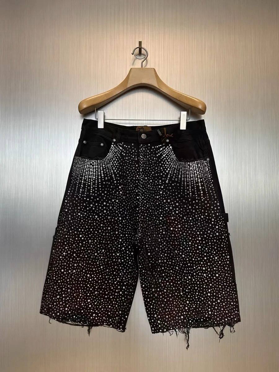 Custom Streetwear Man All Over Print Dirty Mud Acid Wash Skate Diamond Rhinestone Distressed Denim Jeans Shorts Baggy Jorts Men gallery 7