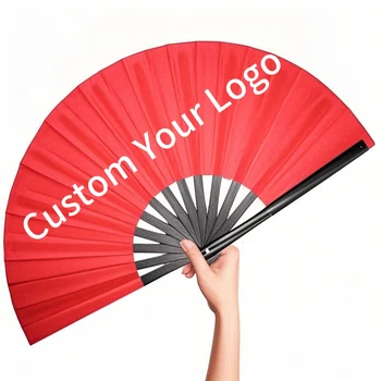 Top Ranking Big Clack Large 33Cm Custom Logo Printing Polyester Satin Bamboo Fan for Festivals Accessories
